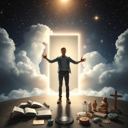A powerful and thought-provoking scene showing a person standing in front of an ethereal doorway that symbolizes the transition from belief to reality