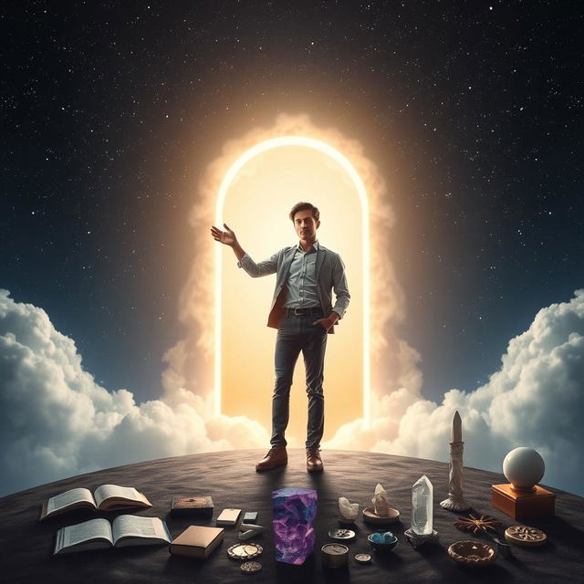 A powerful and thought-provoking scene showing a person standing in front of an ethereal doorway that symbolizes the transition from belief to reality