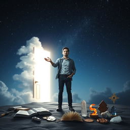 A powerful and thought-provoking scene showing a person standing in front of an ethereal doorway that symbolizes the transition from belief to reality