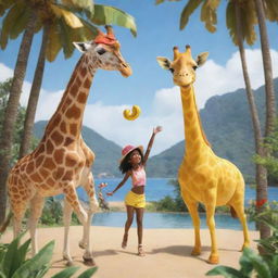 Animated drawing of a giraffe with a hat on eating a banana alongside a girl dancing joyfully in a paradise setting.