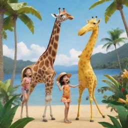 Animated drawing of a giraffe with a hat on eating a banana alongside a girl dancing joyfully in a paradise setting.