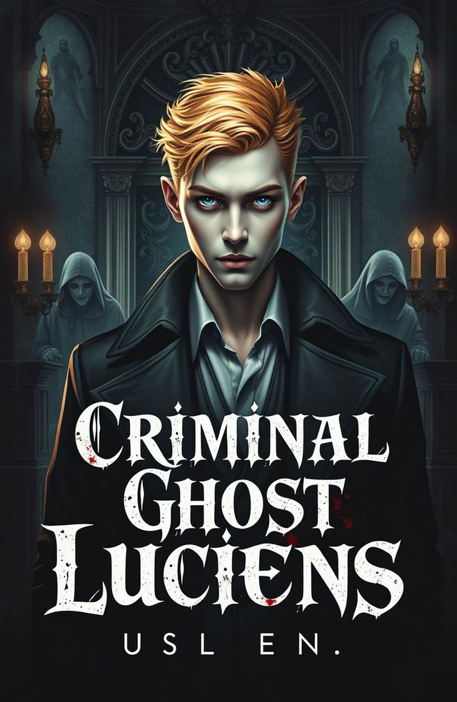 A captivating cover design for a young and handsome detective with yellow hair and albino features, set against a dark and blood-soaked royal backdrop