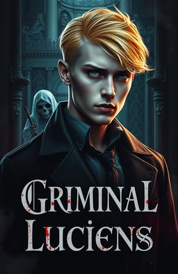 A captivating cover design for a young and handsome detective with yellow hair and albino features, set against a dark and blood-soaked royal backdrop