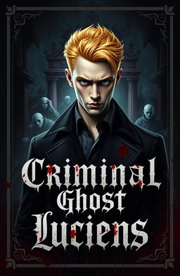 A captivating cover design for a young and handsome detective with yellow hair and albino features, set against a dark and blood-soaked royal backdrop