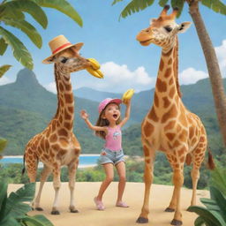 Animated drawing of a giraffe with a hat on eating a banana alongside a girl dancing joyfully in a paradise setting.