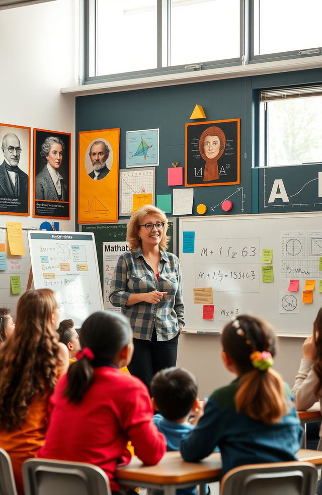 A lively classroom scene depicting a passionate teacher engaging a diverse group of students in the teaching of mathematics