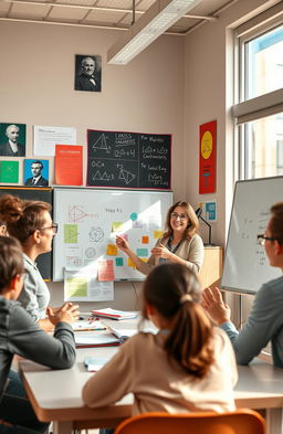 A lively classroom scene depicting a passionate teacher engaging a diverse group of students in the teaching of mathematics