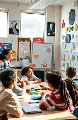 A lively classroom scene depicting a passionate teacher engaging a diverse group of students in the teaching of mathematics
