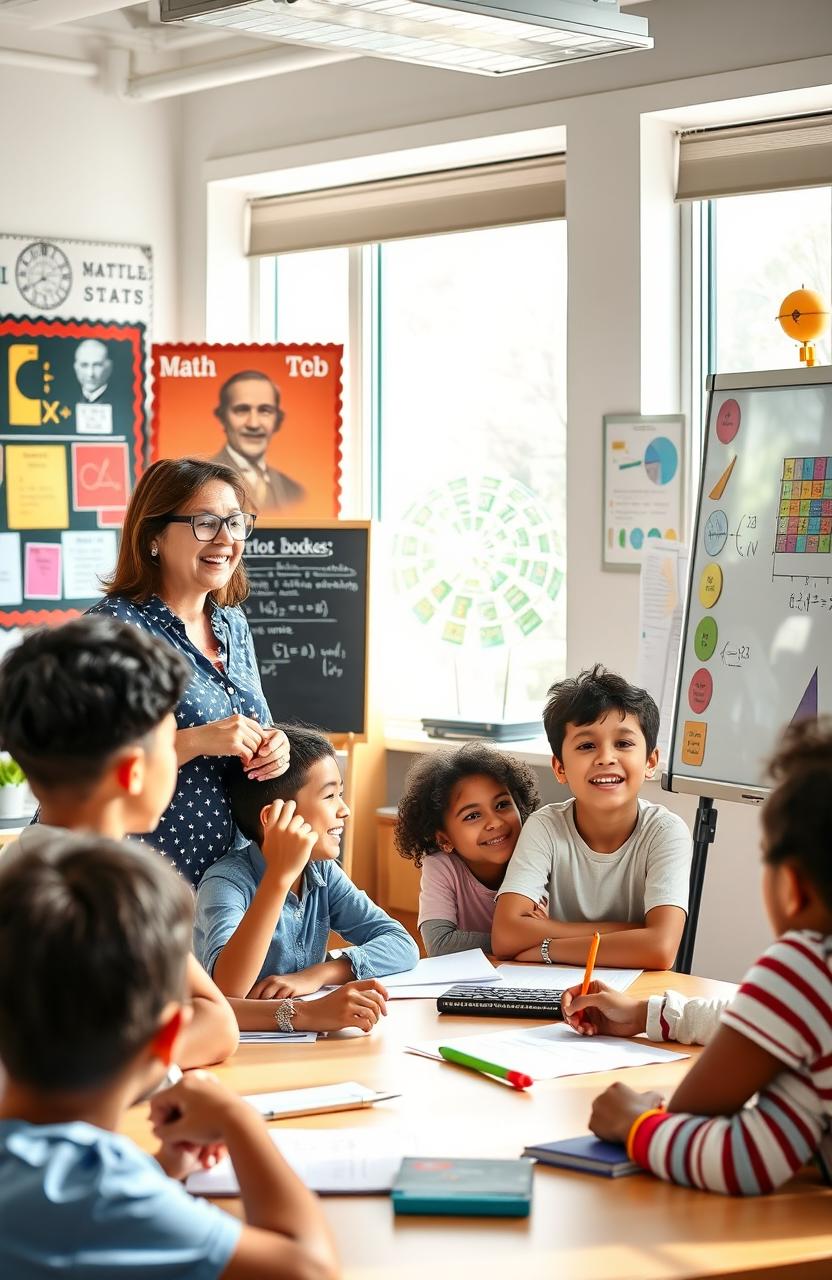 A lively classroom scene depicting a passionate teacher engaging a diverse group of students in the teaching of mathematics