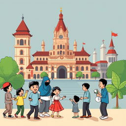 Ilustrasi kartun yang ramah dan ceria tentang Perlindungan Anak Terpadu Berbasis Masyarakat di Kota Yogyakarta