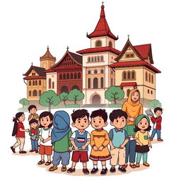 Ilustrasi kartun yang ramah dan ceria tentang Perlindungan Anak Terpadu Berbasis Masyarakat di Kota Yogyakarta