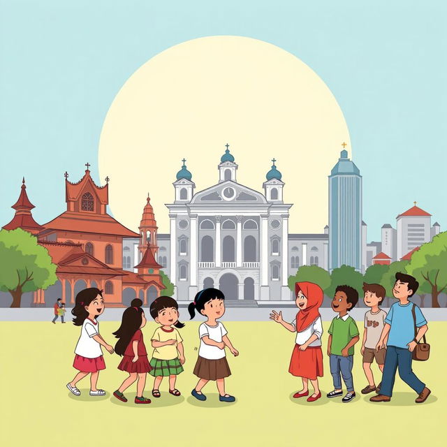 Ilustrasi kartun yang ramah dan ceria tentang Perlindungan Anak Terpadu Berbasis Masyarakat di Kota Yogyakarta