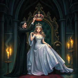 An enchanting illustration of the Daughter of the Sorcerer seated gracefully on an elaborate gothic throne, embodying a blend of youthful beauty and mystical power