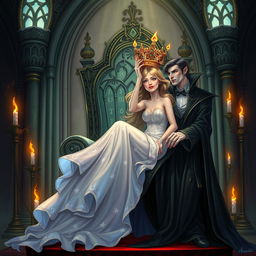 An enchanting illustration of the Daughter of the Sorcerer seated gracefully on an elaborate gothic throne, embodying a blend of youthful beauty and mystical power