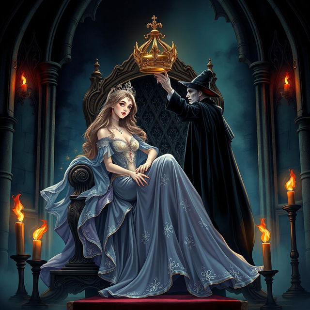 An enchanting illustration of the Daughter of the Sorcerer seated gracefully on an elaborate gothic throne, embodying a blend of youthful beauty and mystical power