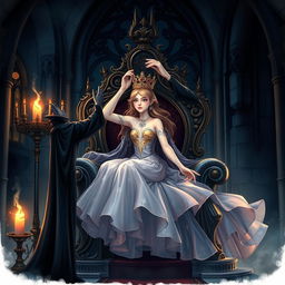 An enchanting illustration of the Daughter of the Sorcerer seated gracefully on an elaborate gothic throne, embodying a blend of youthful beauty and mystical power