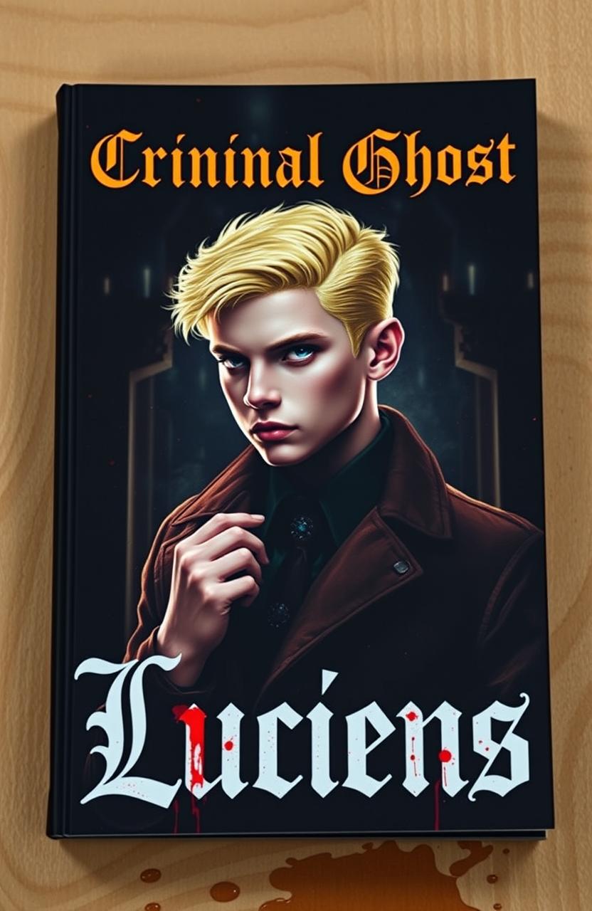 A book cover featuring a young, handsome detective with striking yellow hair and a captivating albino appearance, set against a dark, atmospheric royal backdrop