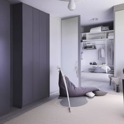 A modern themed grey and white room featuring a comfortable bed, a table and chair, a cozy bean bag, a sleek closet, and a beautifully designed makeup mirror.