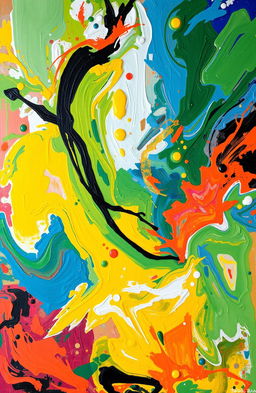 an abstract expressionist painting featuring vibrant colors, swirling patterns, and dynamic brush strokes that evoke emotion and energy, with hints of light reflecting off the surface creating a sense of depth and movement