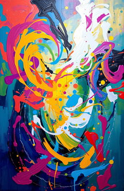 an abstract expressionist painting featuring vibrant colors, swirling patterns, and dynamic brush strokes that evoke emotion and energy, with hints of light reflecting off the surface creating a sense of depth and movement