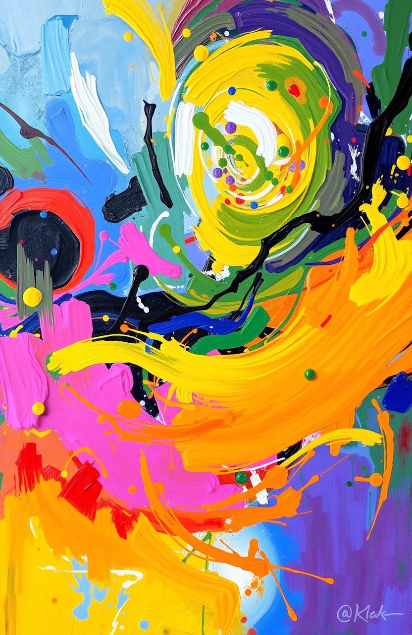 an abstract expressionist painting featuring vibrant colors, swirling patterns, and dynamic brush strokes that evoke emotion and energy, with hints of light reflecting off the surface creating a sense of depth and movement