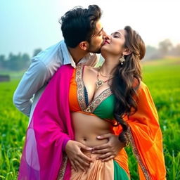 A sensual scene depicting a woman resembling Nushrat Bharucha styled as a traditional Telugu village girl in a lush green field