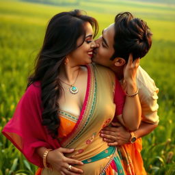 A sensual scene depicting a woman resembling Nushrat Bharucha styled as a traditional Telugu village girl in a lush green field