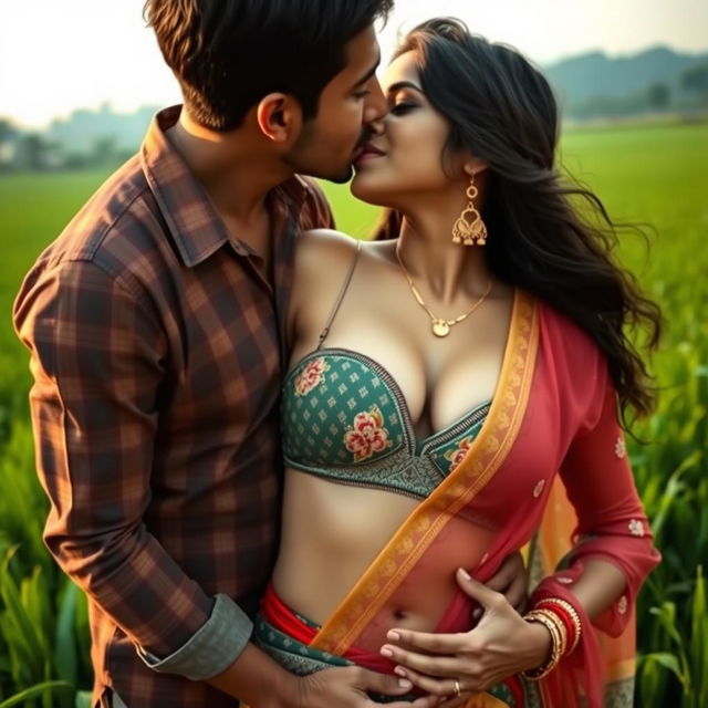 A sensual scene depicting a woman resembling Nushrat Bharucha styled as a traditional Telugu village girl in a lush green field