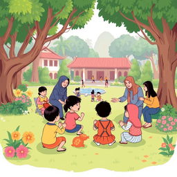 Ilustrasi kartun yang ceria tentang Perlindungan Anak Terpadu Berbasis Masyarakat, mengambil tempat di sebuah taman yang ramai dan indah