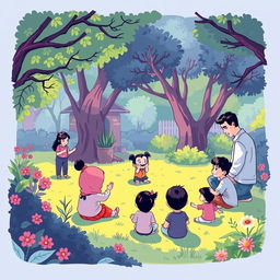 Ilustrasi kartun yang ceria tentang Perlindungan Anak Terpadu Berbasis Masyarakat, mengambil tempat di sebuah taman yang ramai dan indah