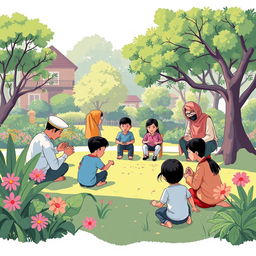 Ilustrasi kartun yang ceria tentang Perlindungan Anak Terpadu Berbasis Masyarakat, mengambil tempat di sebuah taman yang ramai dan indah