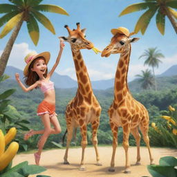 Animated drawing of a giraffe with a hat on eating a banana alongside a girl dancing joyfully in a paradise setting.