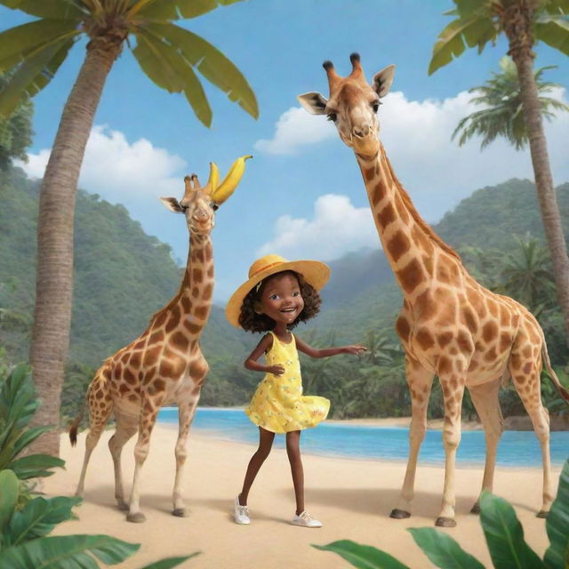 Animated drawing of a giraffe with a hat on eating a banana alongside a girl dancing joyfully in a paradise setting.