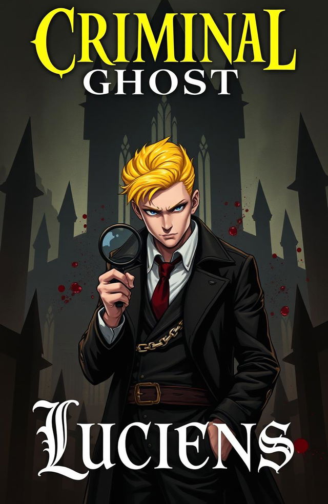 A young, handsome albino detective with striking yellow hair stands confidently at the forefront of the image, set against a dark, brooding royal backdrop