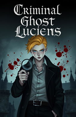 A young, handsome albino detective with striking yellow hair stands confidently at the forefront of the image, set against a dark, brooding royal backdrop