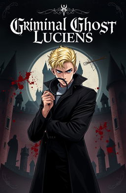 A young, handsome albino detective with striking yellow hair stands confidently at the forefront of the image, set against a dark, brooding royal backdrop