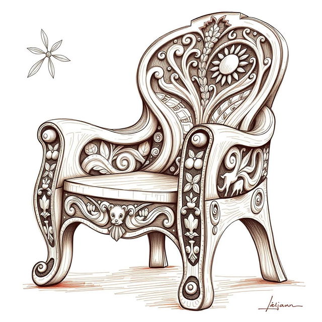 A beautifully detailed sketch inspired by a Taíno chair, featuring elaborate carvings and traditional Taíno symbols