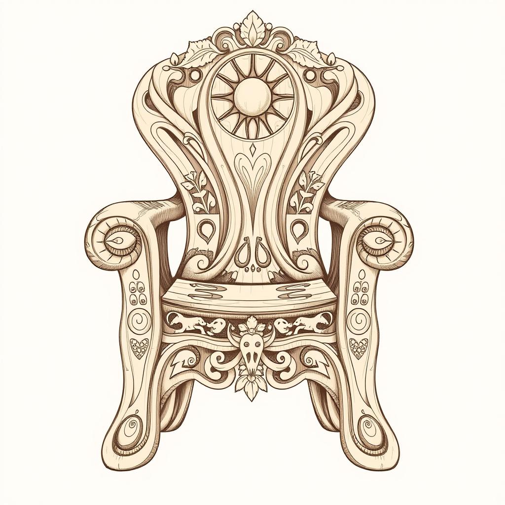 A beautifully detailed sketch inspired by a Taíno chair, featuring elaborate carvings and traditional Taíno symbols