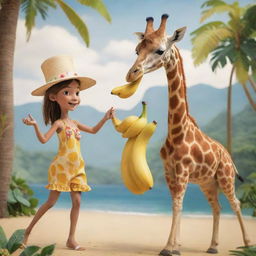 Animated drawing of a giraffe with a hat on eating a banana alongside a girl dancing joyfully in a paradise setting.