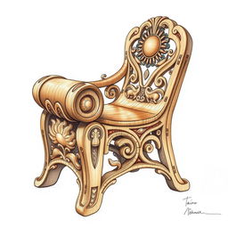 A beautifully detailed sketch inspired by a Taíno chair, featuring elaborate carvings and traditional Taíno symbols