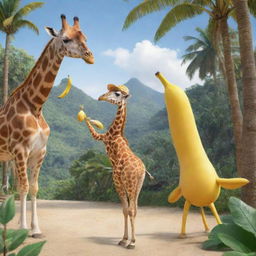 Animated drawing of a giraffe with a hat on eating a banana alongside a girl dancing joyfully in a paradise setting.