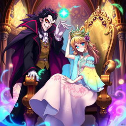 A vibrant anime illustration of the Daughter of the Sorcerer gracefully seated on an ornate throne, exuding youthful charm and mystical allure