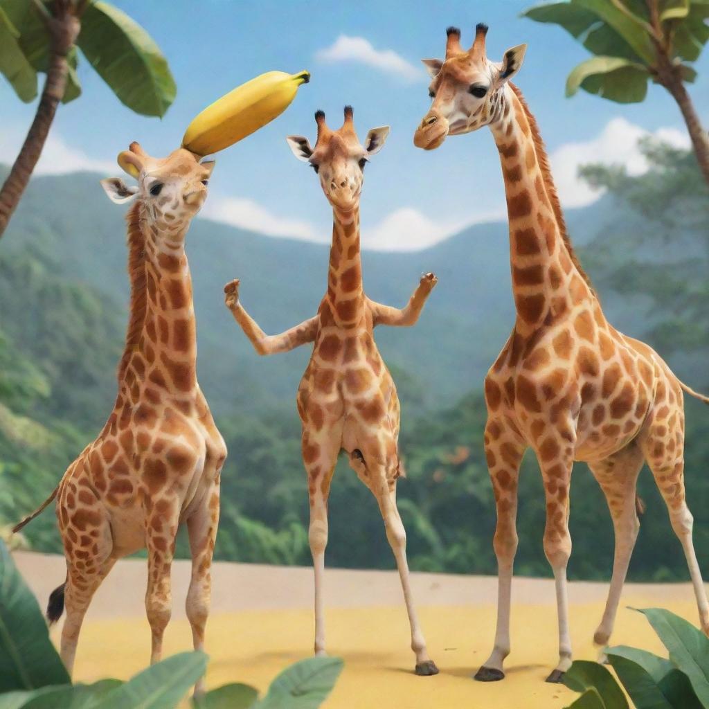 Animated drawing of a giraffe with a hat on eating a banana alongside a girl dancing joyfully in a paradise setting.