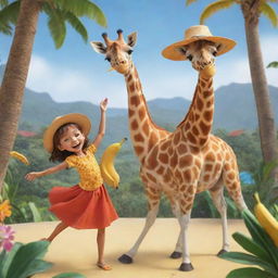 Animated drawing of a giraffe with a hat on eating a banana alongside a girl dancing joyfully in a paradise setting.