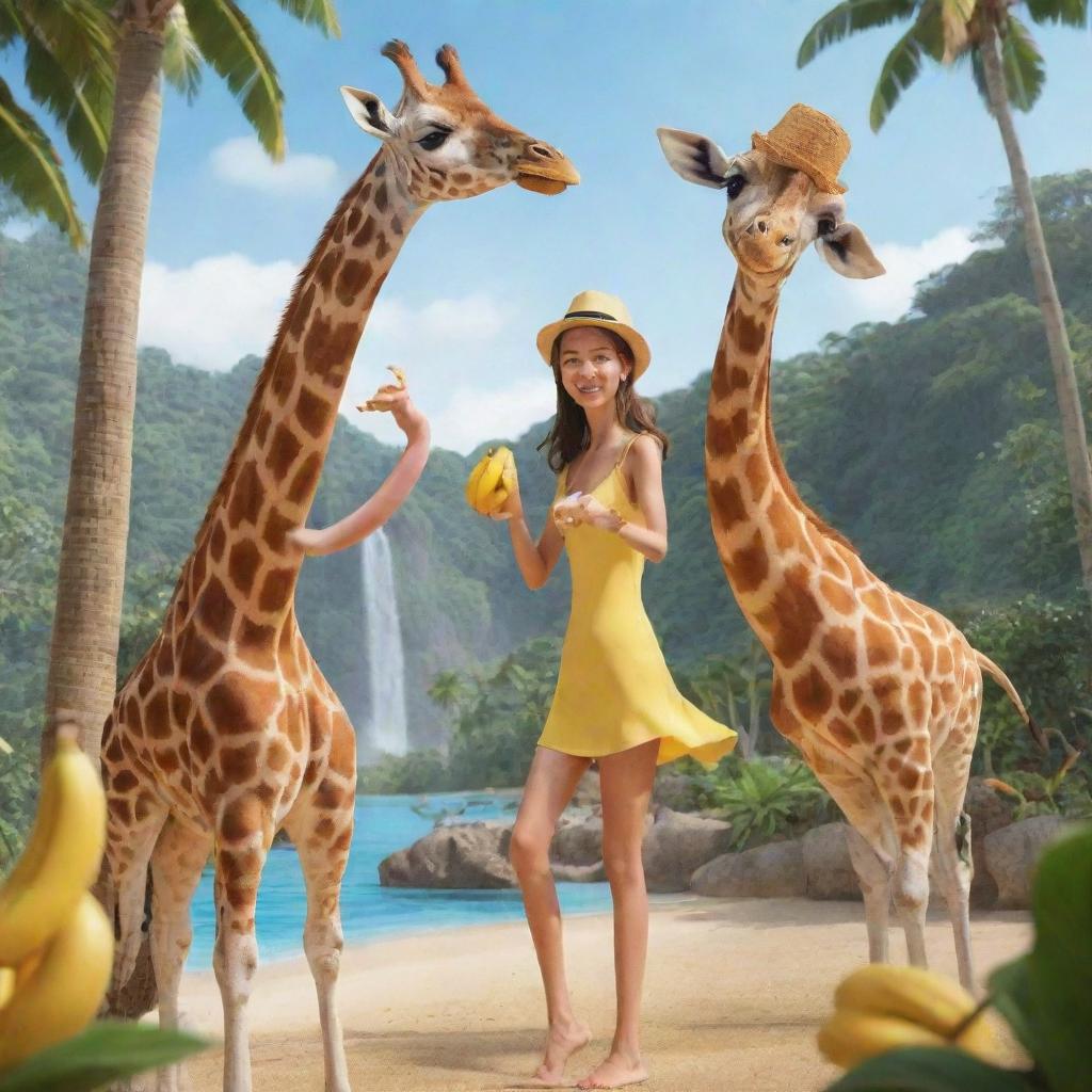 Animated drawing of a giraffe with a hat on eating a banana alongside a girl dancing joyfully in a paradise setting.