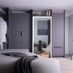 A modern themed grey and white room featuring a comfortable bed, a table and chair, a cozy bean bag, a sleek closet, and a beautifully designed makeup mirror.