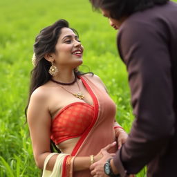 A sensual scene featuring a woman resembling Nushrat Bharucha styled as a Malyali chechi in a vibrant, lush green field