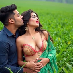 A sensual scene featuring a woman resembling Nushrat Bharucha styled as a Malyali chechi in a vibrant, lush green field