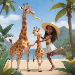 Animated drawing of a giraffe with a hat on eating a banana alongside a girl dancing joyfully in a paradise setting.