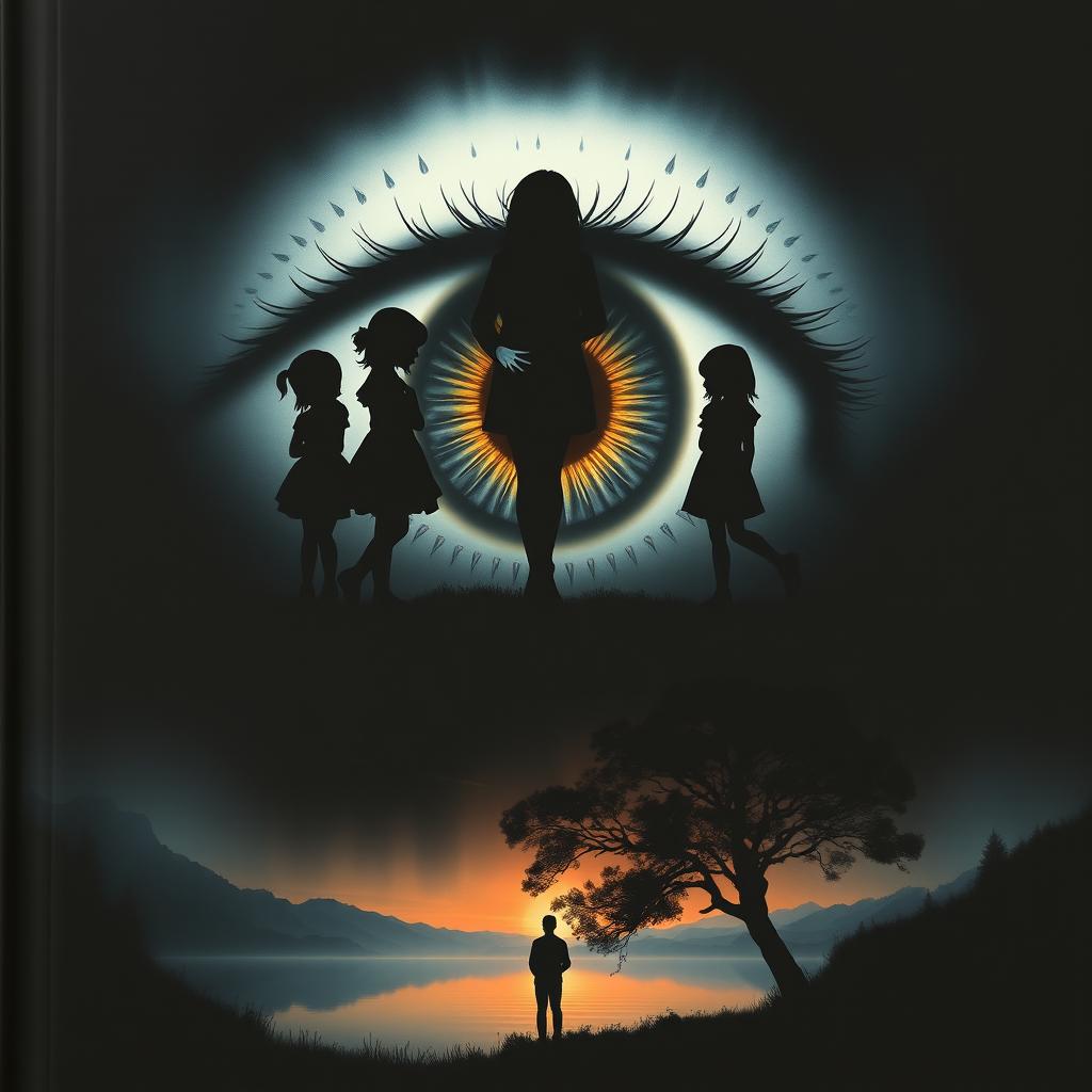 A striking cover design featuring a large eye at the center, surrounded by the silhouette of three girls in various poses, embodying a sense of mystery and allure